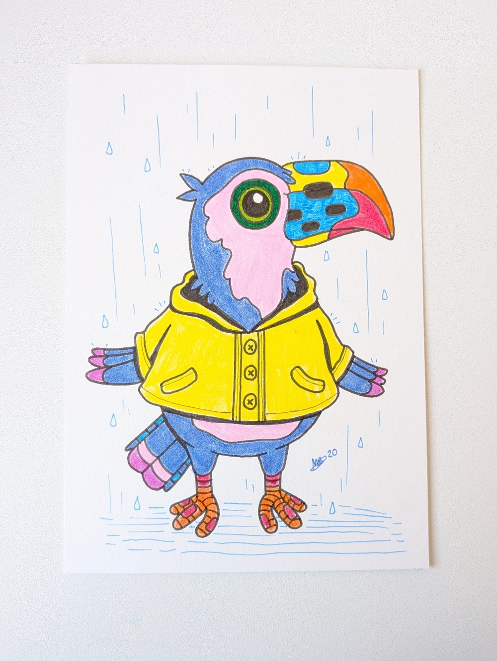 Original Toucan in Raincoat Mixed Media Illustration By Mattoodles